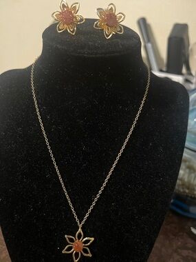 Gold Floral Necklace and Earrings Set with Coral Sparkle Centers